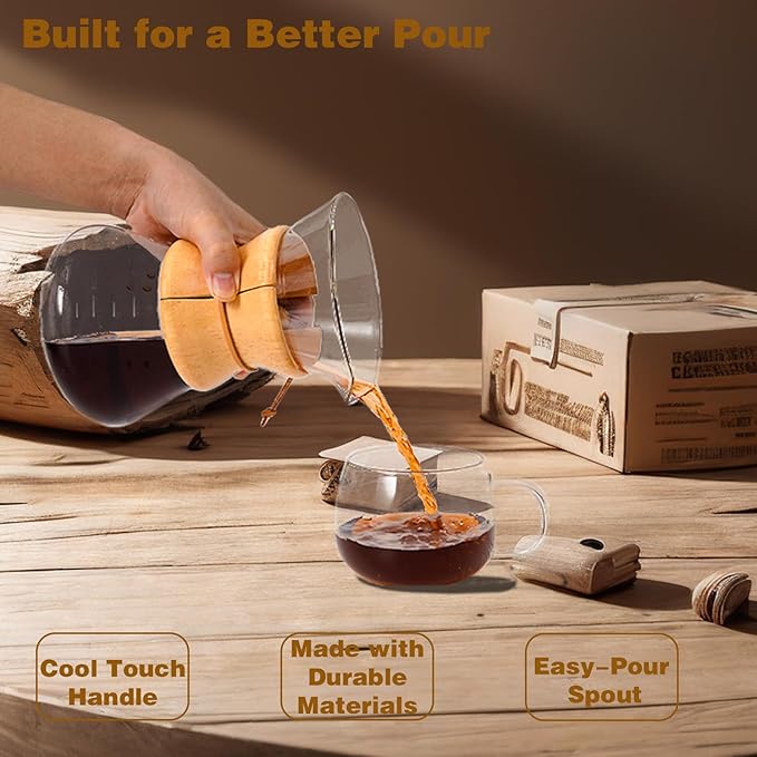 COFISUKI Pour Over Coffee Maker with Reusable Stainless Steel Drip Filter, Lead-Free Borosilicate Glass Coffee Carafe with Modern Wooden Collar for 1-6Cup, Circular Clear (800ml/27oz)