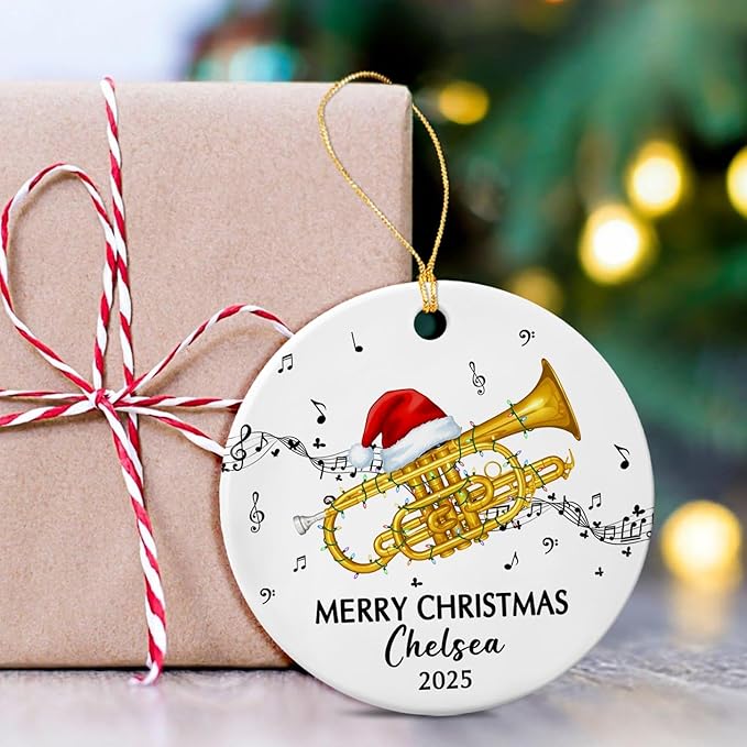 Personalized Cornet Musical Ceramic Ornament, Customized Year Text Name Cornet Player Ornaments Gift for Cornetist Daughter Son Kids Dad Mom Husband Wife, Unique Cornet Instrument Ceramic Ornament