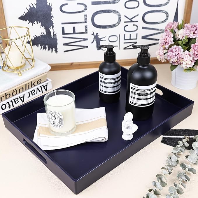 SforGUVA Navy Blue Serving Tray for Coffee Table, Rectangular Plastic Decorative Tray with Handles for Entertaining, Outdoor Patio, Living Room, Ottoman, Bathroom Counter, 11.8”*15.7”*1.6”