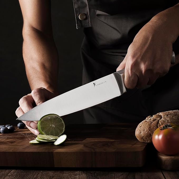 Kangdelun 15-Piece Ultra Sharp Kitchen Knife Set with Wooden Block, Exclusive Ergonomic Anti-Slip Handle, High-Carbon 50CR15MOV Steel, Angled Design, Natural Wood Block