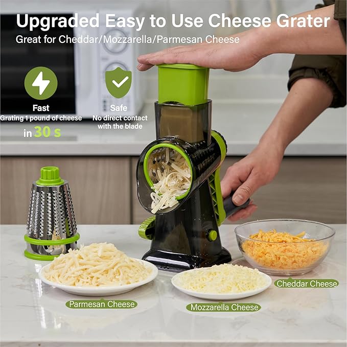 ALEXPHY Rotary Cheese Grater hand crank 3 blades with Stronger Suction Base | Stainless Steel Blades for Fruits, Vegetables, Nuts. Dishwasher Safe & Easy to Clean, Transparent Black & Green