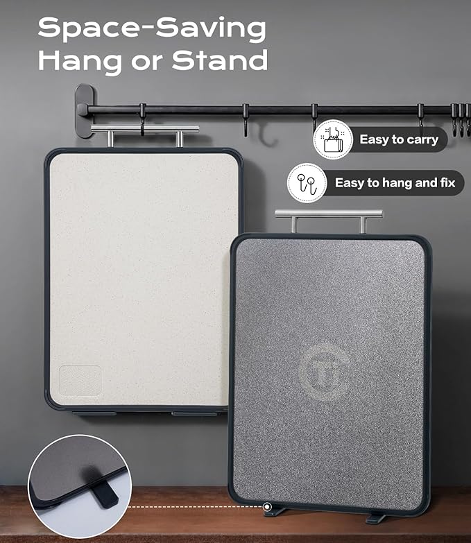 Titanium Cutting Board for Kitchen- Double Sided Cutting Board with Stand, Textured Food-Grade Pure Titanium Side for Chopping Meat, PP Side for Vegetables, Easy to Clean(14.5”×11”, 1 PC)