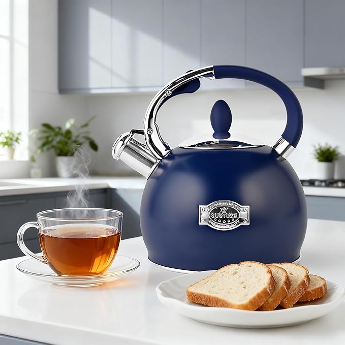 SUSTEAS Whistling Tea Kettle, 2.7QT Food-Grade Steel Teapot, NAVY BLUE