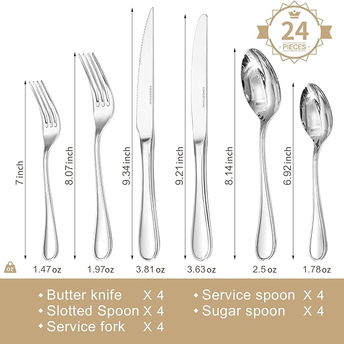 24 Piece Silverware Set for 4 with Steak Knives, 18/10 Stainless Steel