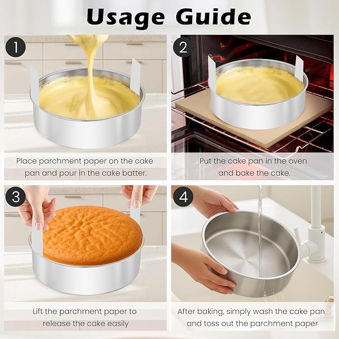tutikuki 8 Inch Cake Pan - 3PCS Stainless Steel Round Layer Cake Baking Pans with 100 PCS Parchment Paper, Round Bakeware for Party Birthday Wedding, Mirror Finish & Dishwasher Safe