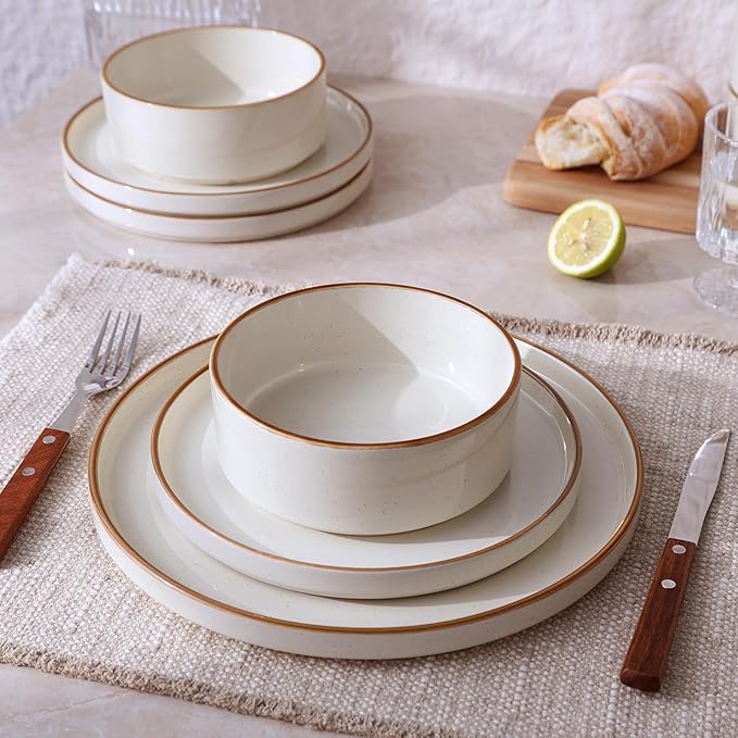 Famiware Nebula 12-Piece Dinnerware Set, Vanilla White with Brown Rim