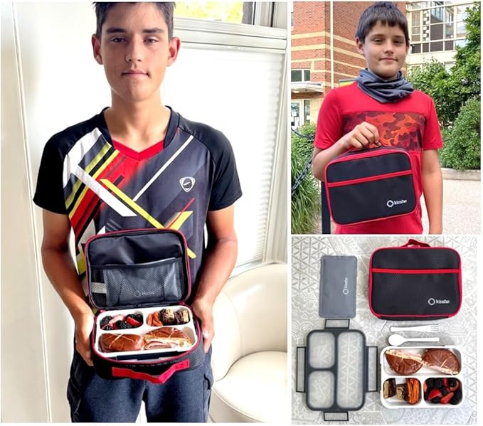 kinsho Bento Lunch Box, Ice Pack Insulated Bag for Kids & Boys, Black & Red