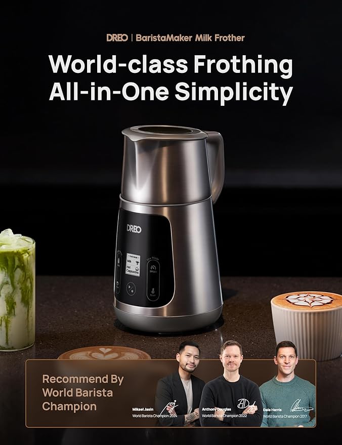 DREO Milk Frother, All-in-1 Electric Foam Maker for Coffee, 15oz/450ml Automatic Foam Frother for Latte Art-level Microfoam, 30+ Drinks, Easy to Clean, Dishwasher Safe, LED display
