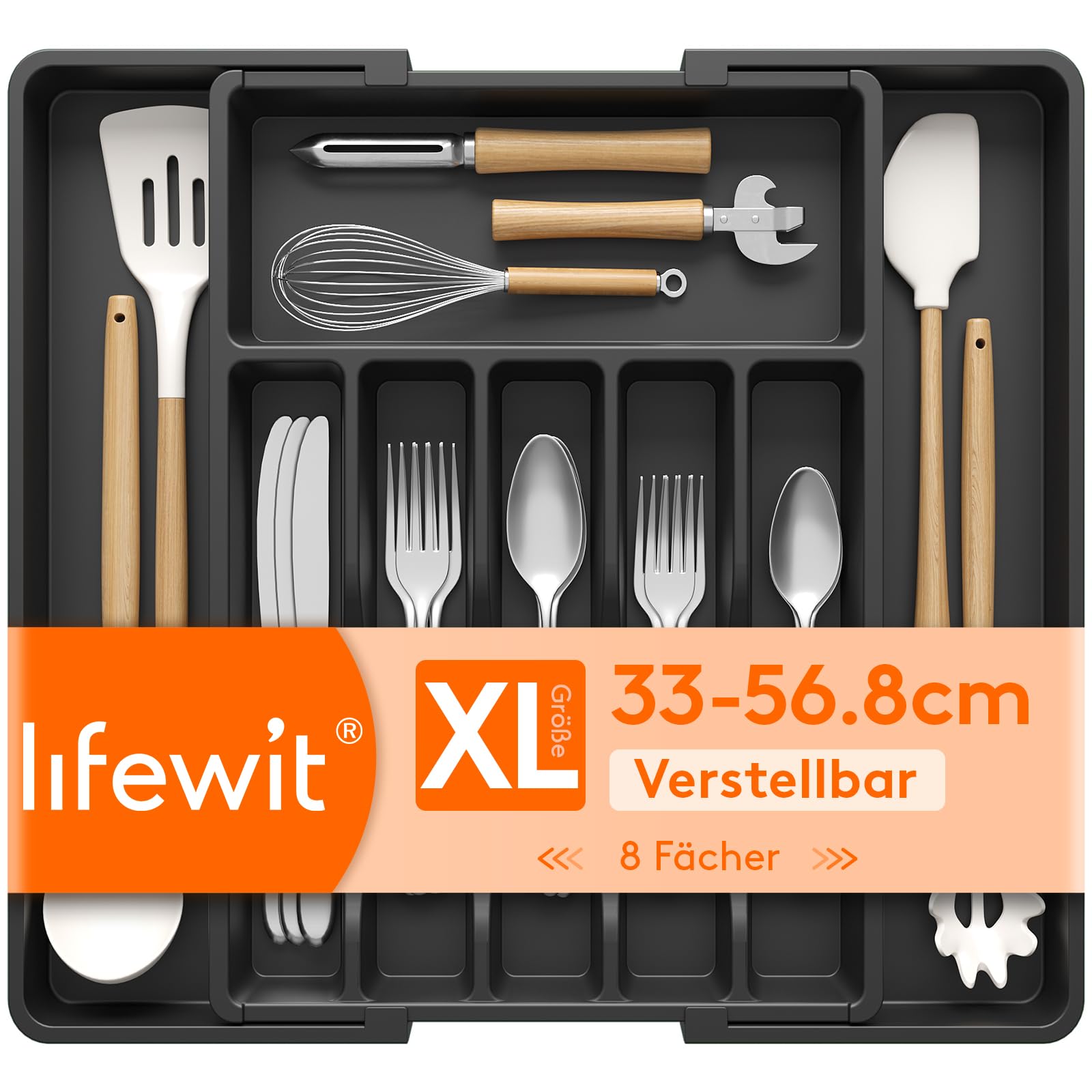 Lifewit Silverware Drawer Organizer, Expandable Utensil Tray for Kitchen, BPA Free Flatware and Cutlery Holder, Adjustable Plastic Storage for Spoons Forks Knives, 33 -57 x 42cm, Black