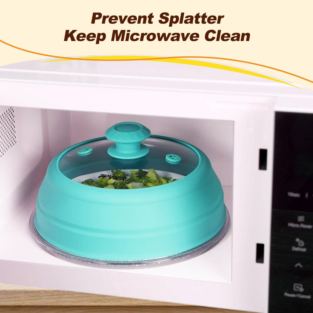Microwave Splatter Cover, Vented Silicone & Glass Anti-Splatter Lid with Handle, Collapsible Food Plate Cover Fits 6–11 Inch Plates and Bowls (Blue, 9inch)