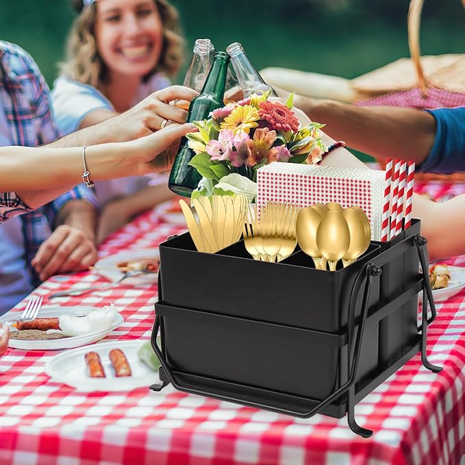 NelyBet Silverware Caddy Utensil Organizer With Handle, Outdoor Picnic and Camping Utensil Holder, Flatware Holder for Party Gatherings, Metal - Black