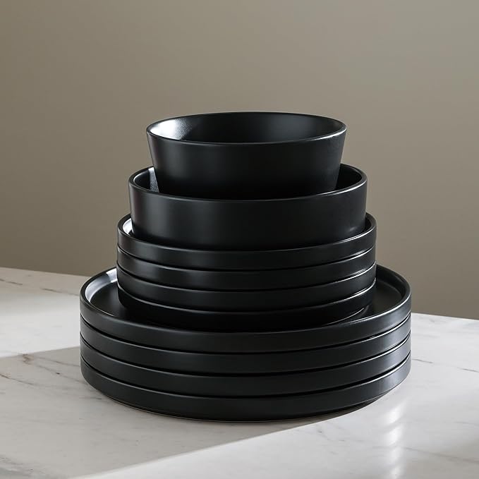 Stone Lain Celina Modern Stoneware 16-Piece Dinnerware Set, Cereal and Dinner Bowls, Dinner Plates, Plates and Bowl Set, Dishes for 4, Black