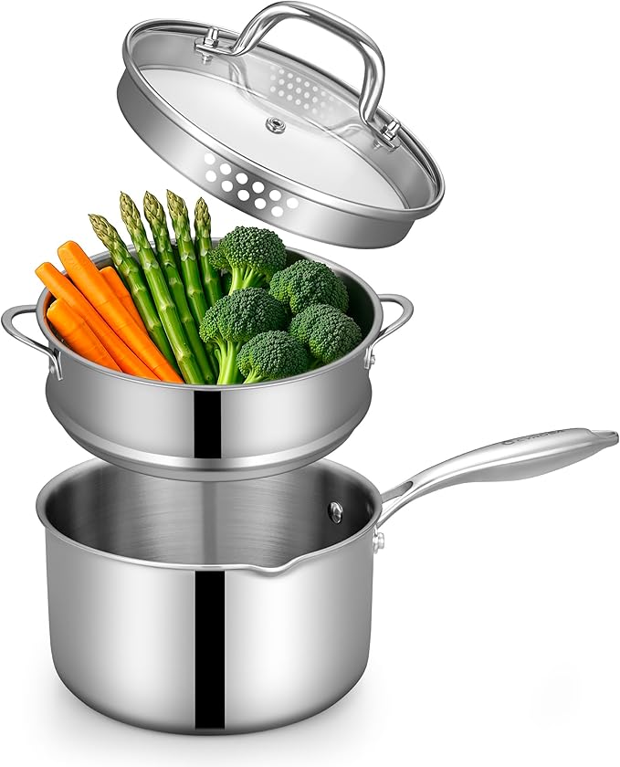 Fracoda 3.5 Quart Stainless Steel Pot Saucepan with Glass Strainer Lid, Sauce Pot with Two Side Spouts, Induction Cooking Pot, Multipurpose Sauce Pan with Lid for Cooking(Tri-Ply Full Body)