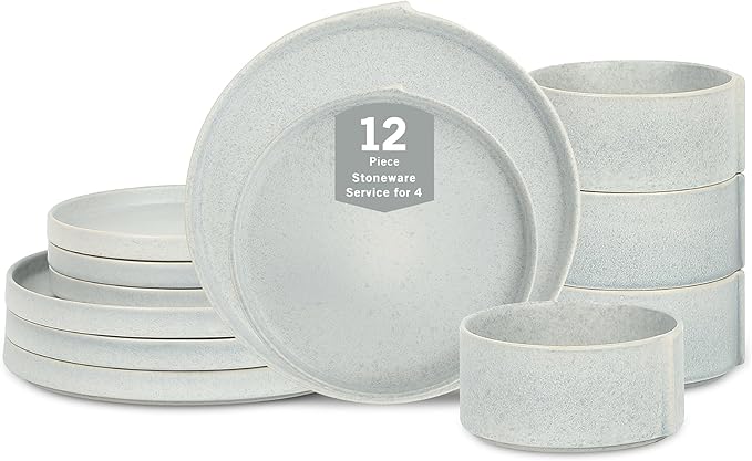 Stone Lain Bao 12-Piece Dinnerware Set Stoneware, Plates and Bowls Set, Dishwasher and Microwave Safe, Dish Set for 4, Blue-Grey