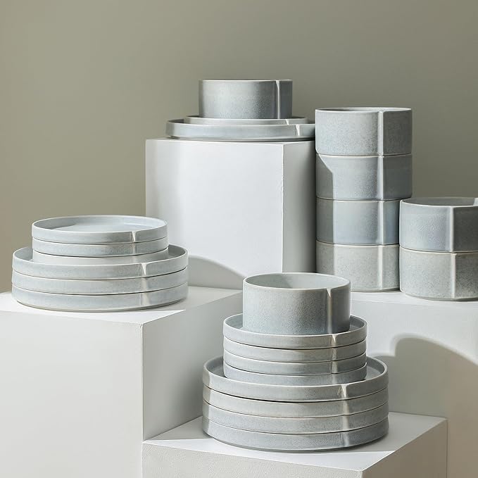 Stone Lain Bao 12-Piece Dinnerware Set Stoneware, Plates and Bowls Set, Dishwasher and Microwave Safe, Dish Set for 4, Blue-Grey