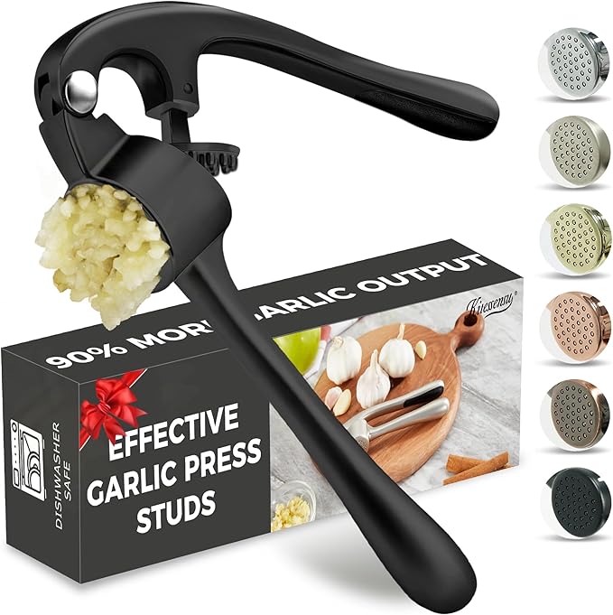 Premium Garlic Press, Professional Garlic Mincer, Easy to Squeeze and Clean, Rust Proof, Efficient Ginger Crusher - Black