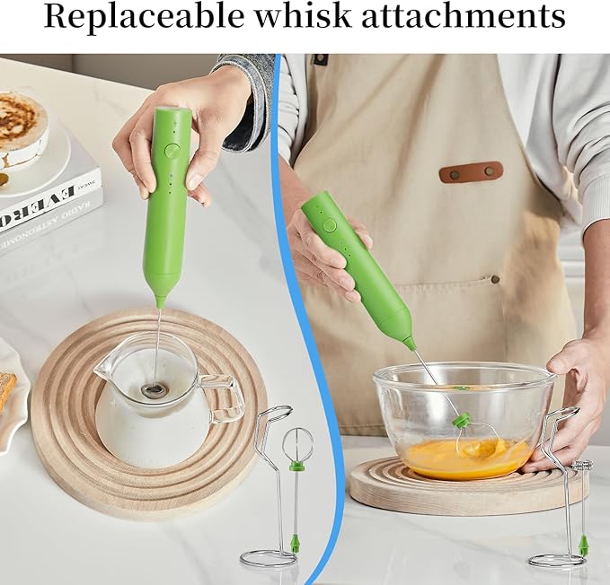 ELMWAY Rechargeable Milk Frother Set by ELMWAY, Electric Drink Blender with Wand and Egg Whisk, Foam Maker Mixer, Milk Frother Handled for Coffee, Latte, Matcha, Protein Powder (Green with Stand)