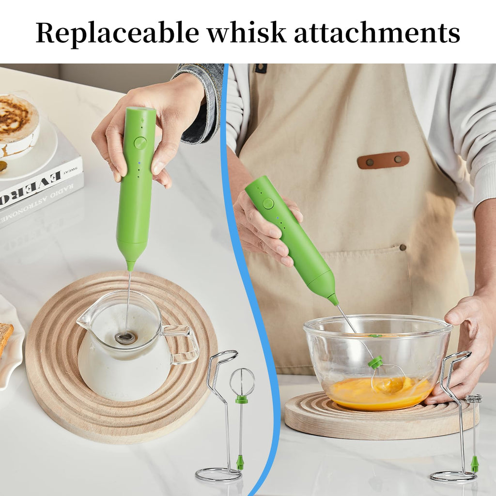 ELMWAY Rechargeable Milk Frother Set by ELMWAY, Electric Drink Blender with Wand and Egg Whisk, Foam Maker Mixer, Milk Frother Handled for Coffee, Latte, Matcha, Protein Powder (Green with Stand)