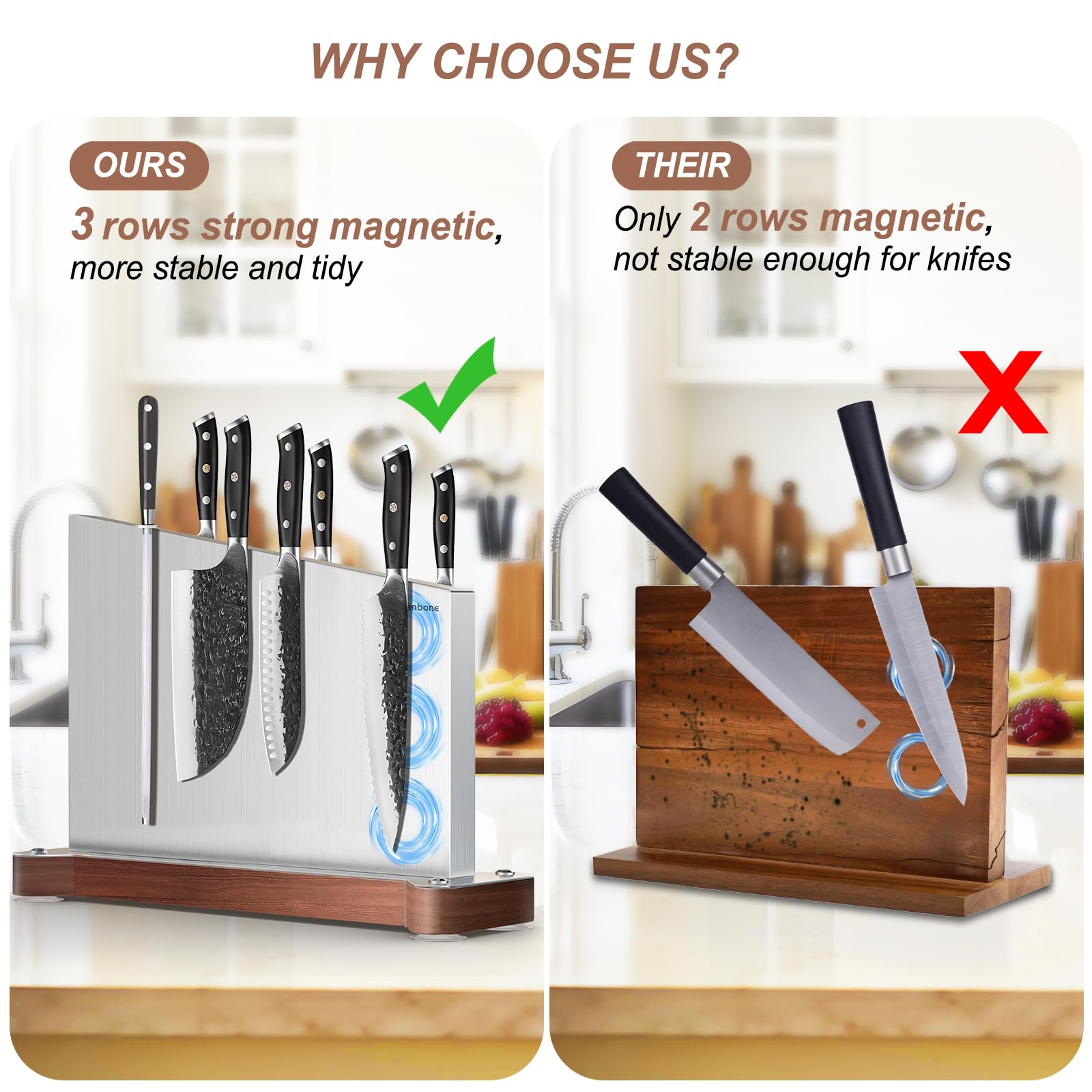 Nanbone Magnetic Knife Block Without Knives Large Double Side Magnetic Knife Holder Stand with Strong Magnet, Stainless Steel Knife Storage Organizer for Kitchen Counter Knife Rack Three Magnet Strip