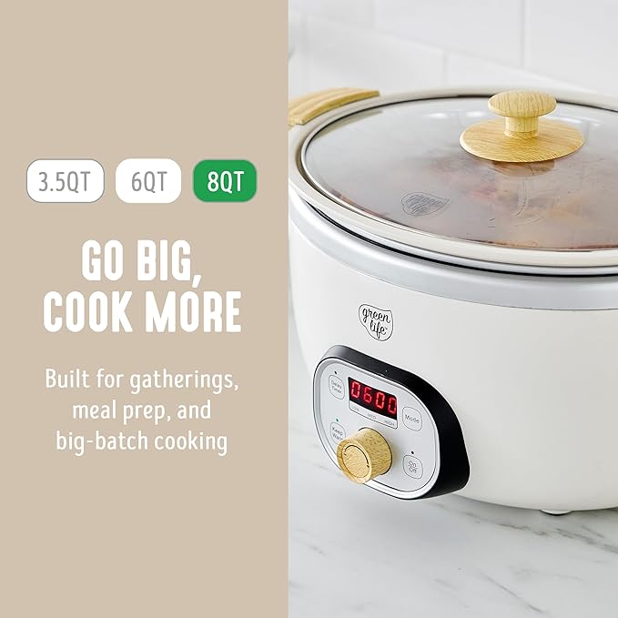 GreenLife 8QT Ceramic Nonstick Slow Cooker, Cooktop/Oven Safe, Cream
