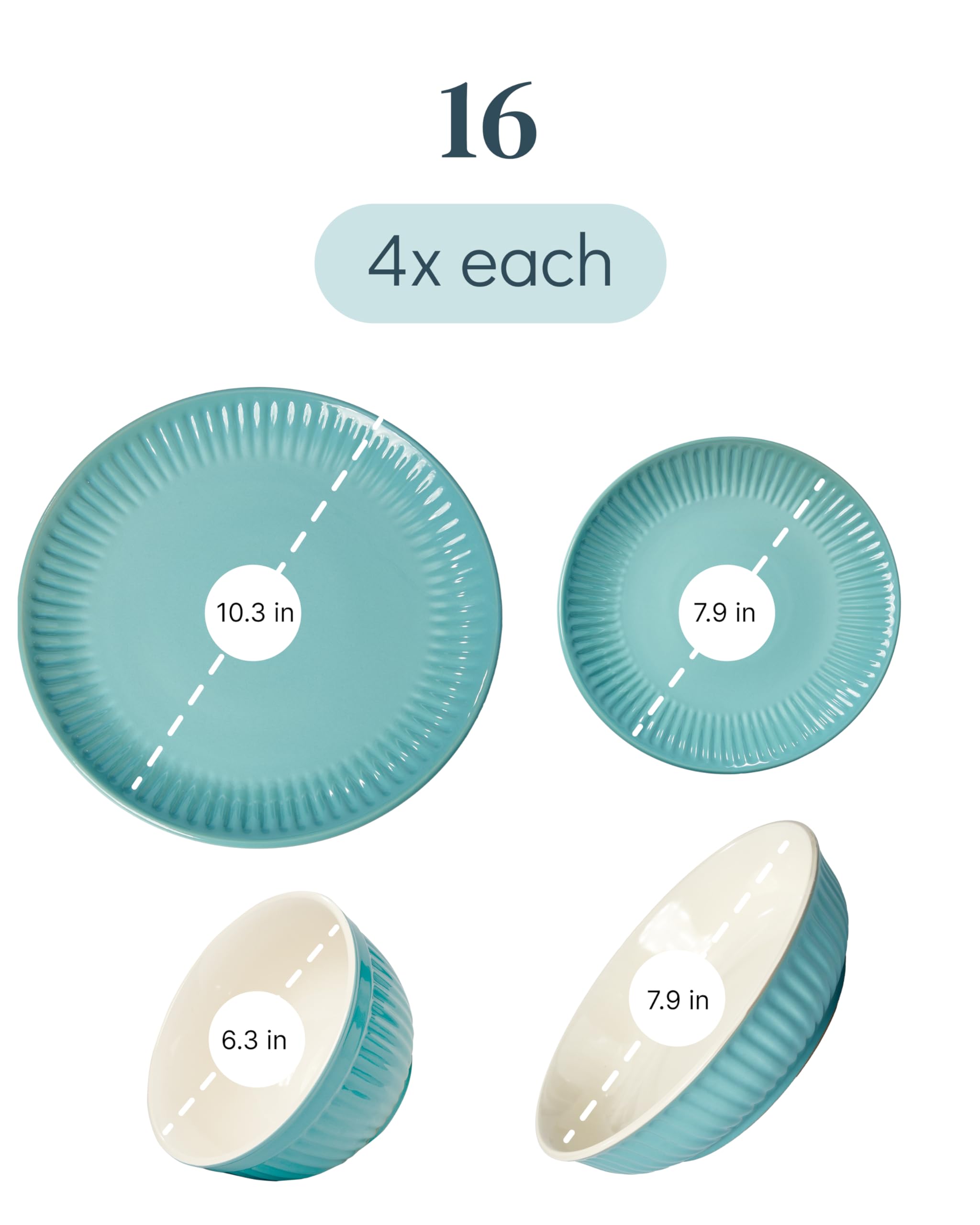 Stoneware Dinnerware Set for 4 People HYGGE 16-Piece - Elegant Scandi Design - Premium Dish Set - Bowl and Plate Set - Tableware for 4 People in a Ribbed Design - Pure Living in Green
