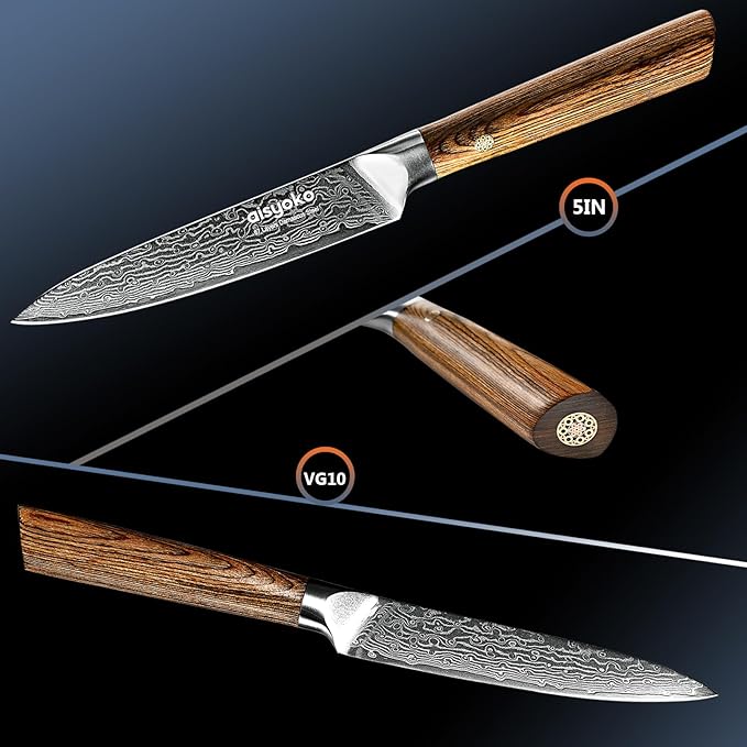 Aisyoko 5-Inch Paring Knife - Japanese VG-10 Super Steel 67-Layer Damascus Blade - Fruit Utility Knife for Carving & Peeling - Luxury Gift Box with Color Wooden Handle - Includes Scabbard