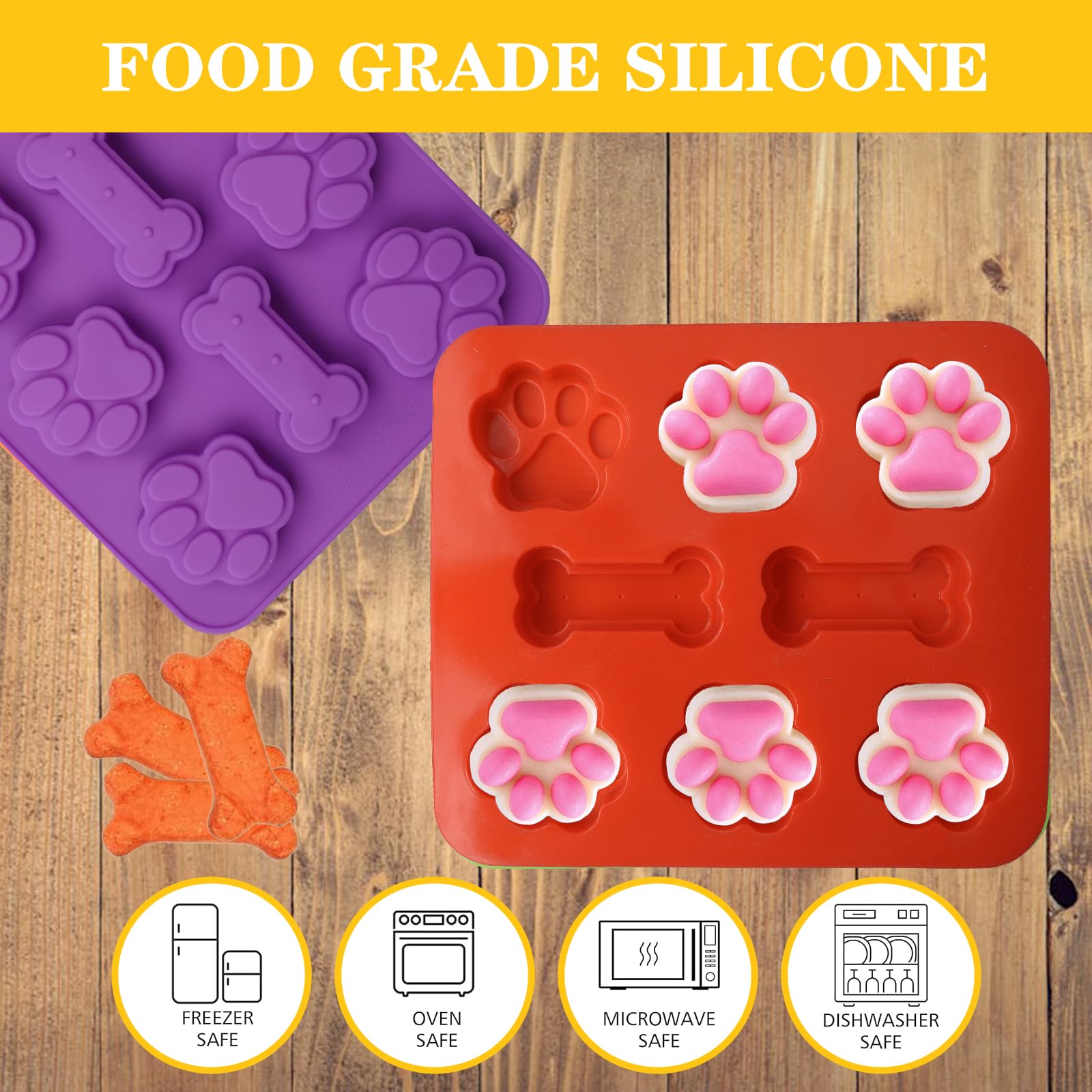 SAGOOITS 2 Pack Puppy Dog Paw and Bone Shaped 2 in 1 Silicone Molds, Reusable Non-Stick Ice Cube Trays & Candy Chocolate Molds for Homemade Dog Treats, Pudding & Baking Biscuit(Red Purple)