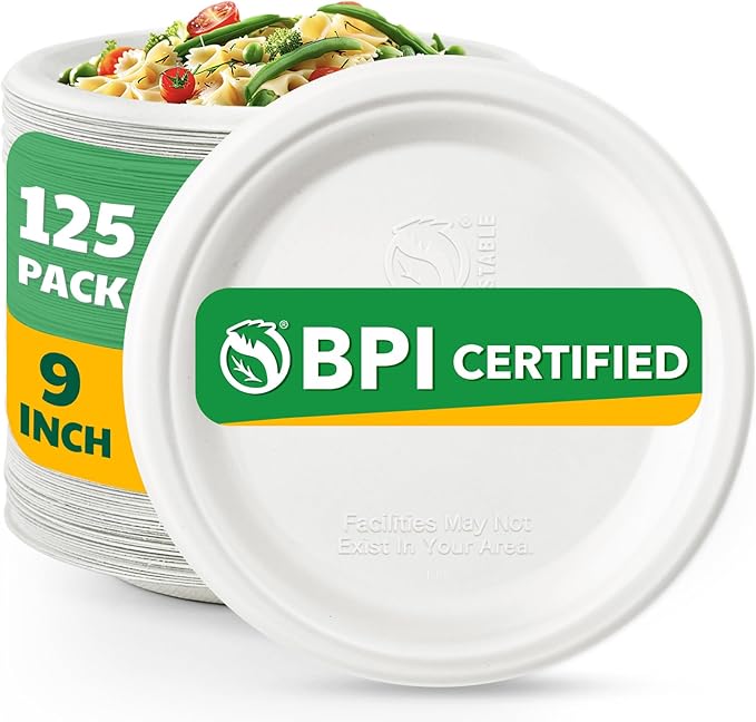 Joyborn Heavy Duty Compostable Paper Plates 9 Inch, White, 125 Pack