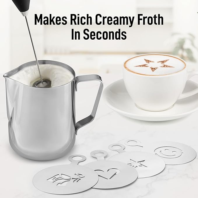 Zulay Premium Gift Milk Frother Set – Handheld Coffee Frother with Stand, 12oz/350ml Frothing Pitcher + 4 Latte Art Stencils – 13,000 RPM Motor, SS Whisk, Battery Operated – Barista Kit (Black)