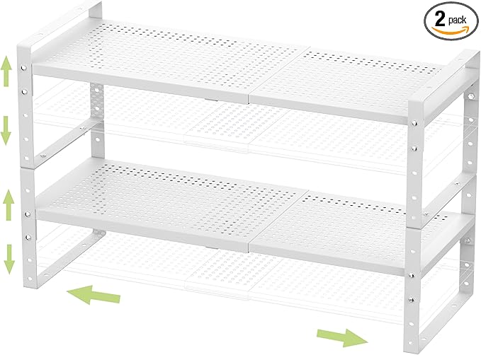 Jojocross Expandable Stackable Aadjustable Shoe Rack Pantry Shelf for Kitchen Cabinets Counter Shelves Countertop Cupboard Storage Solution,Sturdy Heavy-Duty Metal Construction(2Packs/White/Medium)