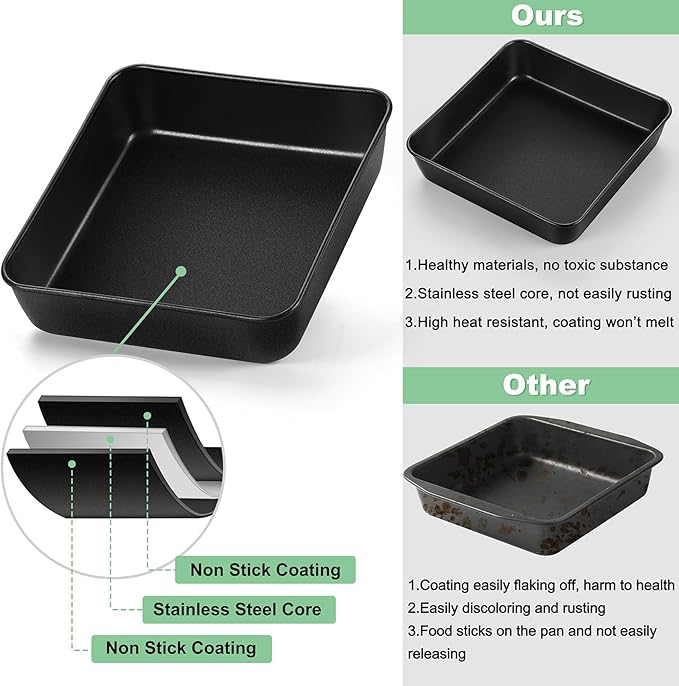 TeamFar Square Cake Pan, 2PCS 8 Inch Coated Square Cake Brownie Lasagna Pan