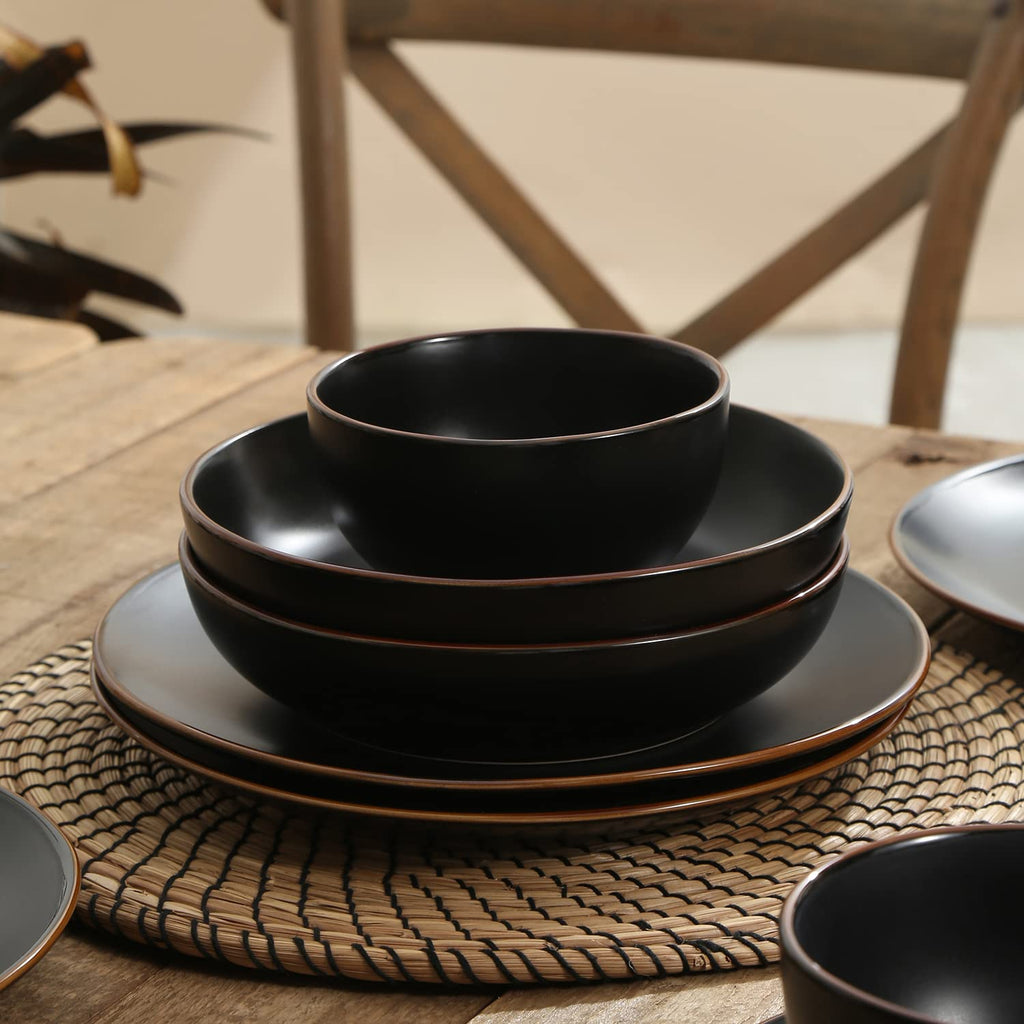 Stone Lain Brasa Stoneware 16 Piece Modern Dinnerware Set, Plates and Bowls, Service for 4, Black, Microwave & Dishwasher Safe
