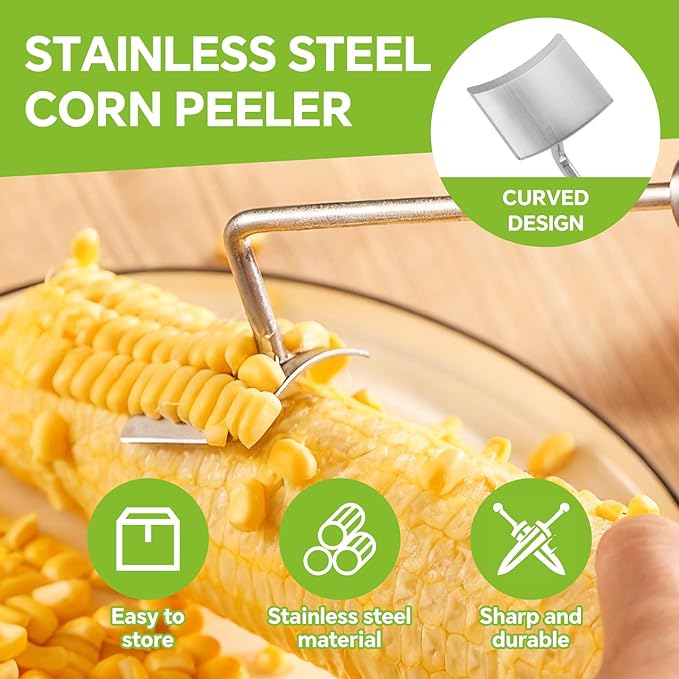 2PCS Corn Cob Stripper, 2025 New Corn Peeler for Corn on the Cob, Corn Cutter to Cut Corn off the Cob, Long Handle Stainless Steel Corn Stripping Tool for Home Kitchen & Outdoor Dining