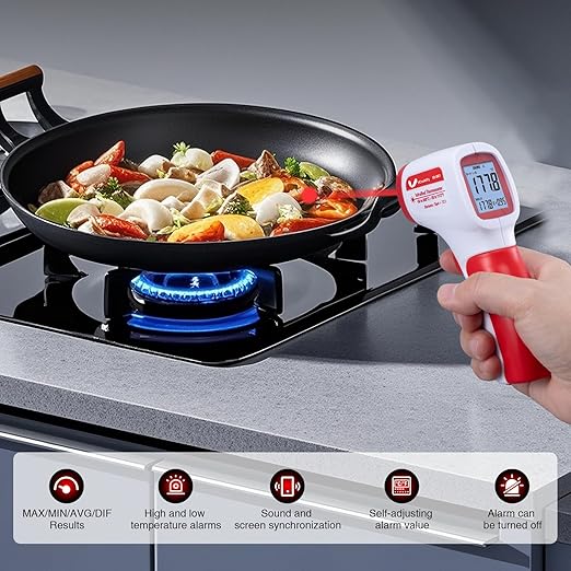 VCooklify Infrared Thermometer for Meat,Laser Temperature Gun,-58~1112°F,DS 12:1 Digital IR Temp Gun with Adjustable Emissivity&High/Low Alarm,LCD Display Thermal Gun for Food Oven Cooking HVAC