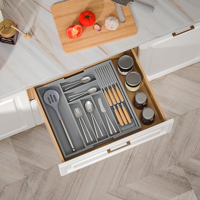 TIOPGHAD Expandable Bamboo Silverware Drawer Organizer Kitchen Tray, Grey