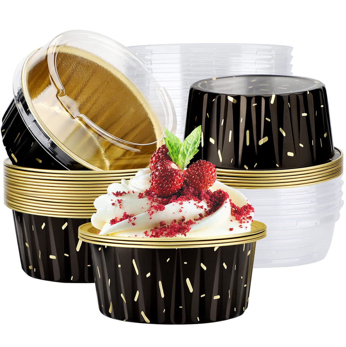 EUSOAR Cupcake Liners for Baking, 50pcs 5oz Muffin Liners, Disposable Foil Ramekins, Dessert Containers, Aluminum Foil Baking Cupcake Cups Holders Pans with Lids 5 Colors Mixed