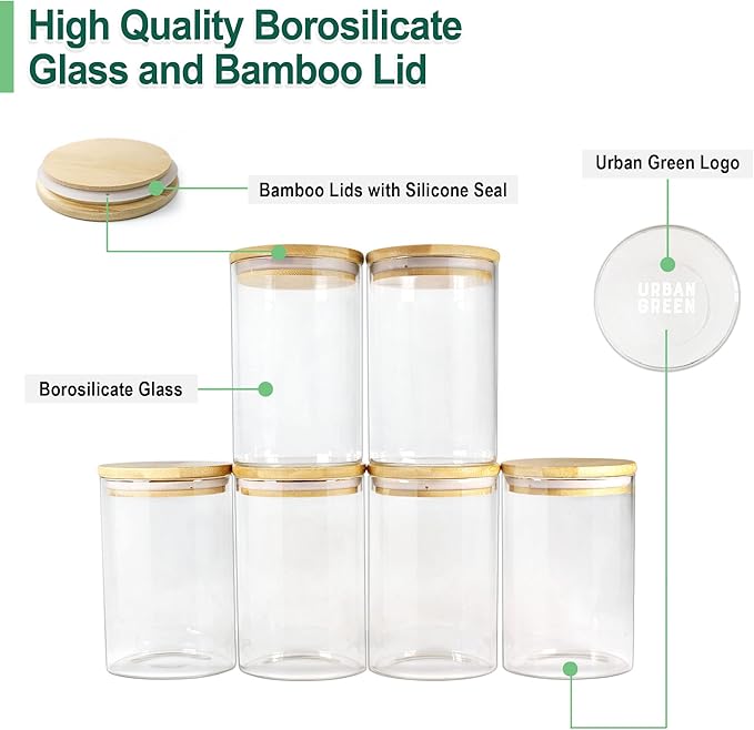 Urban Green Glass Jars with Airtight Lids, Airtight Glass Canisters with Locking Lids, (Bamboo-20oz-30oz)