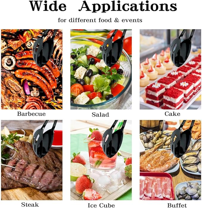 IAXSEE 2 Pieces Buffet Salad Tongs for Kitchen Serving and Cooking, Stainless Steel Food Scissor Tongs, Catering Utensil for Bread Cake Bake Steak Barbecue (Black)