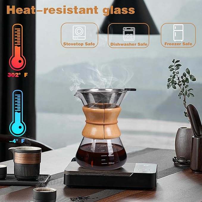 COFISUKI Pour Over Coffee Maker with Reusable Stainless Steel Drip Filter, Lead-Free Borosilicate Glass Coffee Carafe with Modern Wooden Collar for 1-6Cup, Circular Clear (800ml/27oz)