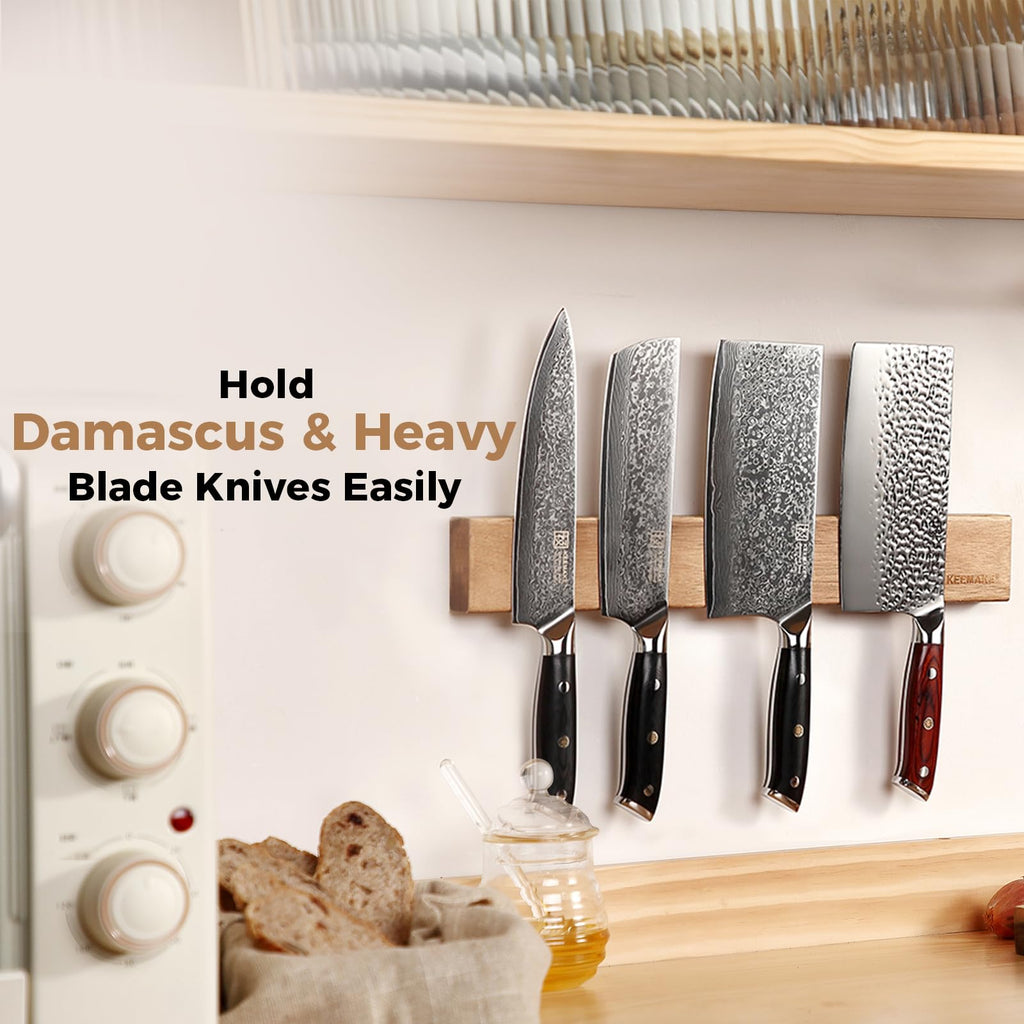 KEEMAKE Magnetic Knife Block with Acrylic Shield, Thickened Wood Kitchen Knife Holder Stand without Knives, Double Side Strong Magnets Knife Storage Organizer for Kitchen Counter top
