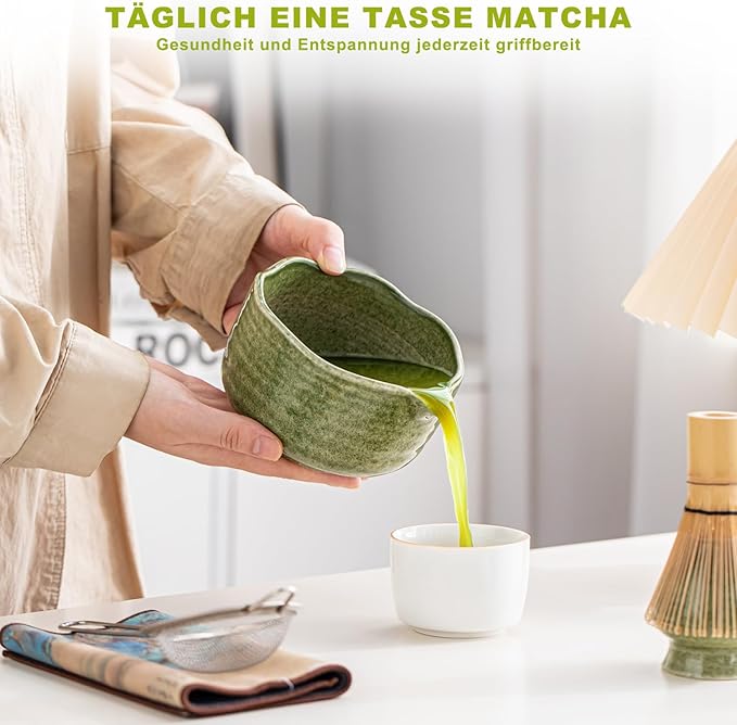 Matcha 7-Piece Set, Japanese Matcha Ceremony Kit with Chawan Bowl, Bamboo Whisk and Strainer, Great Gifts for Mom, Grandma, Wife, Women, Birthday, Mother’s Day, Graduation, Home Decor (Matcha Green)