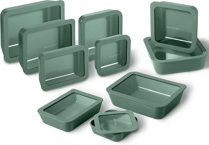 BRIVARA HOME 20-Piece Glass Food Storage Containers Set with Lids (10 Containers + 10 Lids) | Microwave-Safe Airtight Seal, Oven-Safe Ceramic-Coated Glass | Zero Plastic, No PFAS/PFOA/BPA [Pine]