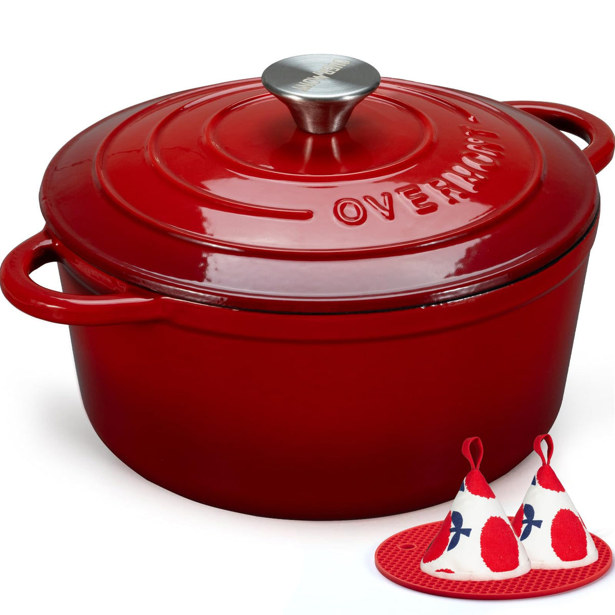 Overmont Enameled Cast Iron Dutch Oven - 5.5QT Pot with Lid Cookbook & Cotton Potholders - Heavy-Duty Cookware for Braising, Stews, Roasting, Sourdough Baking Verdant