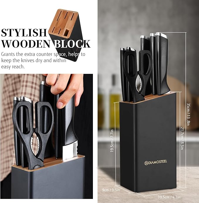 Diamosteel Black Knife Set with Wooden Block, 7-Piece Sharp Knife Block Set
