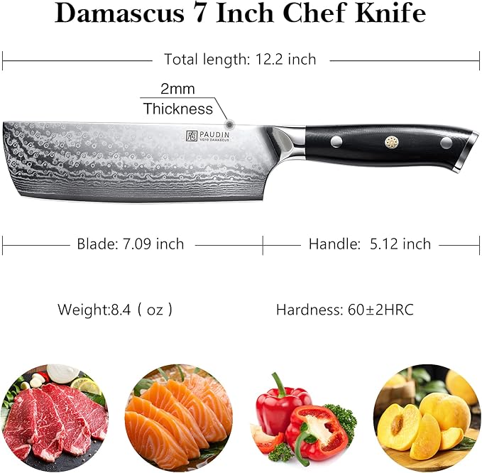 PAUDIN 7 Inch Nakiri Knife, Ultra Sharp Damascus Kitchen Knife