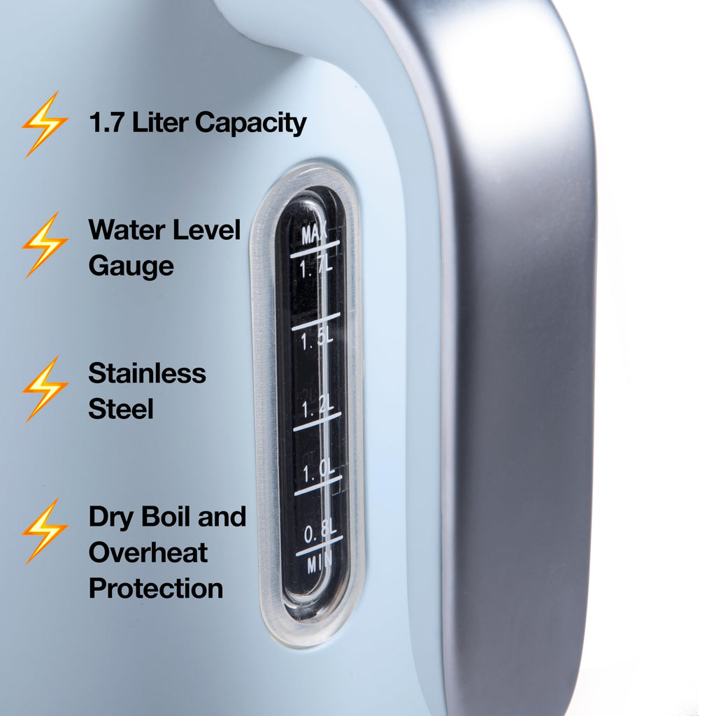 Rae Dunn Electric Hot Water Kettle - Stainless Steel Coffee Maker, Tea Kettle, Swivel Base, With Automatic Shut Off Boil-Dry Protection, Easy Pour, 1500 Watt Boiling Power, 1.7 Liters, Baby Blue