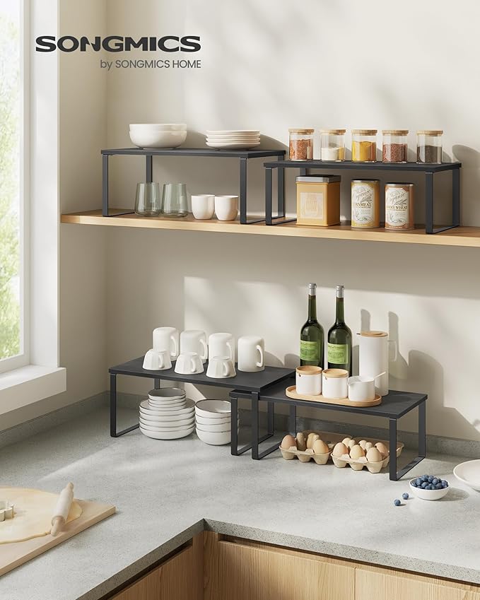 SONGMICS Cabinet Organizer Shelf, Set of 4 Kitchen Counter Shelves, Kitchen Storage, Spice Rack, Stackable, Expandable, Metal and Engineered Wood, Ink Black and Ebony Black UKCS028B01