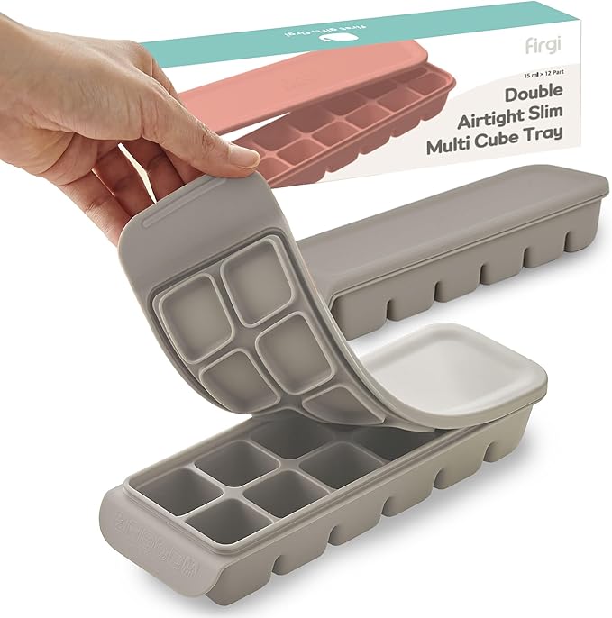 Firgi 0.7 oz/12 Sections Silicone Ice Cube Freezer Tray with Lid, 100% Food-Grade Platinum Silicone,Leak Resistance & Dishwasher Safe for Baby Food Prep,Breast Milk,Purees - Korean Made, Gray