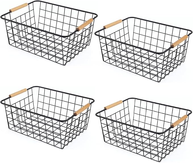 Wire Basket 4 Pcs Metal Wire Storage Basket with Wooden Handles for Pantry