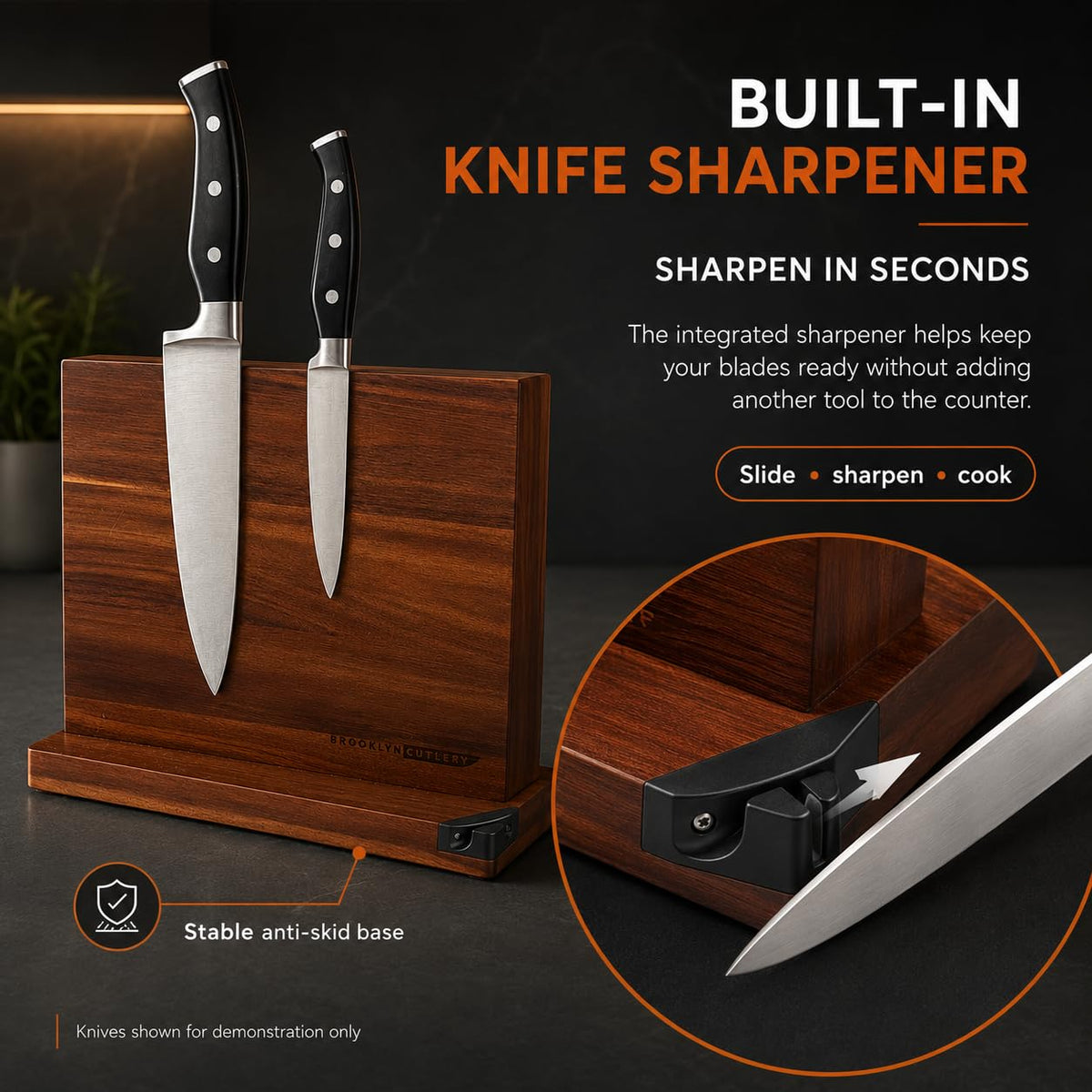BROOKLYN CUTLERY Magnetic Knife Block, Acacia Wood Magnetic Knife Holder for Kitchen Counter Universal Knife Block Without Knives (12 x 10 With Sharpener)